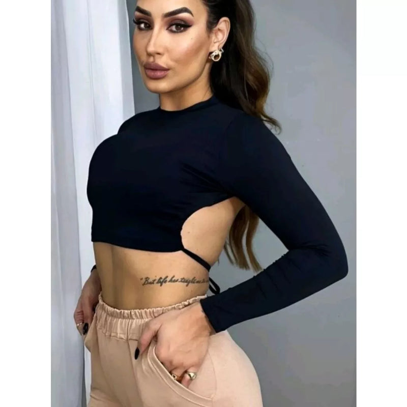 Cropped Manga Longa Costas Nuas com Bojo