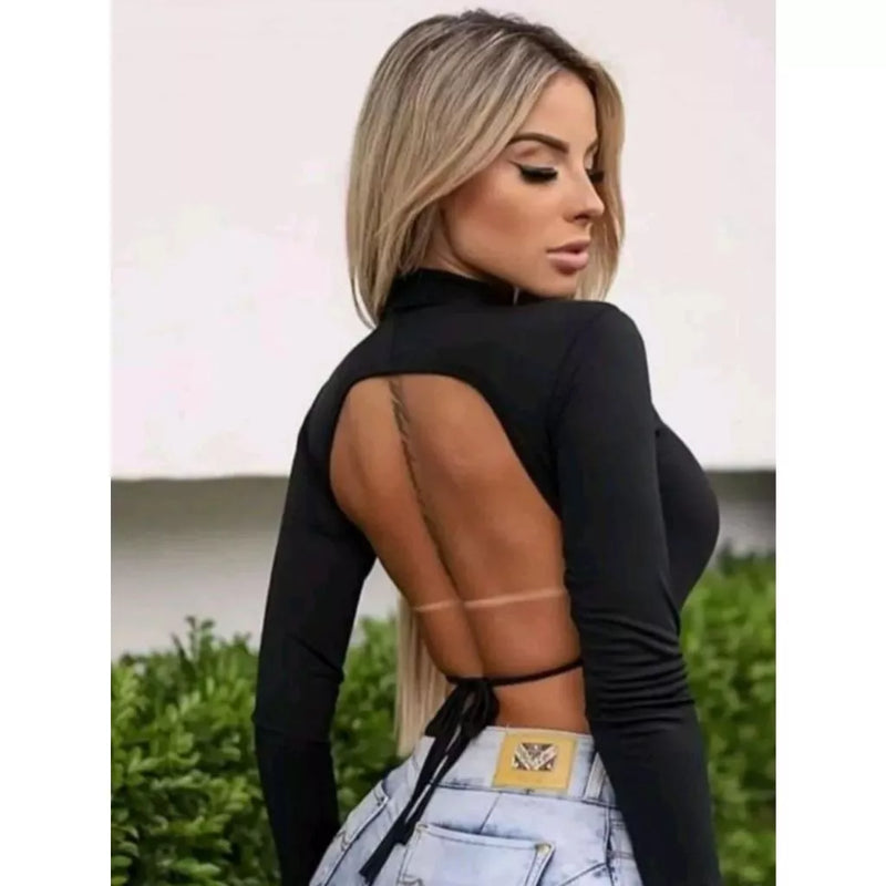 Cropped Manga Longa Costas Nuas com Bojo