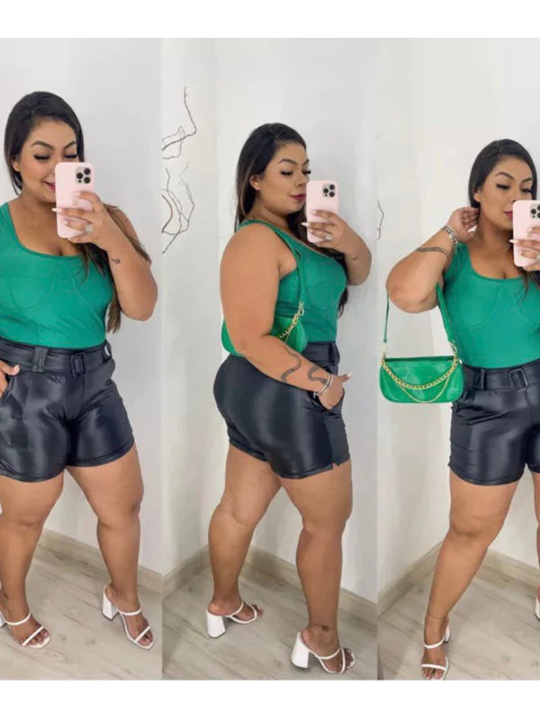 Shorts Feminino De Couro Fake Tecido Cirre Short Preto De Fivela