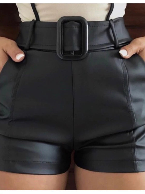 Shorts Feminino De Couro Fake Tecido Cirre Short Preto De Fivela