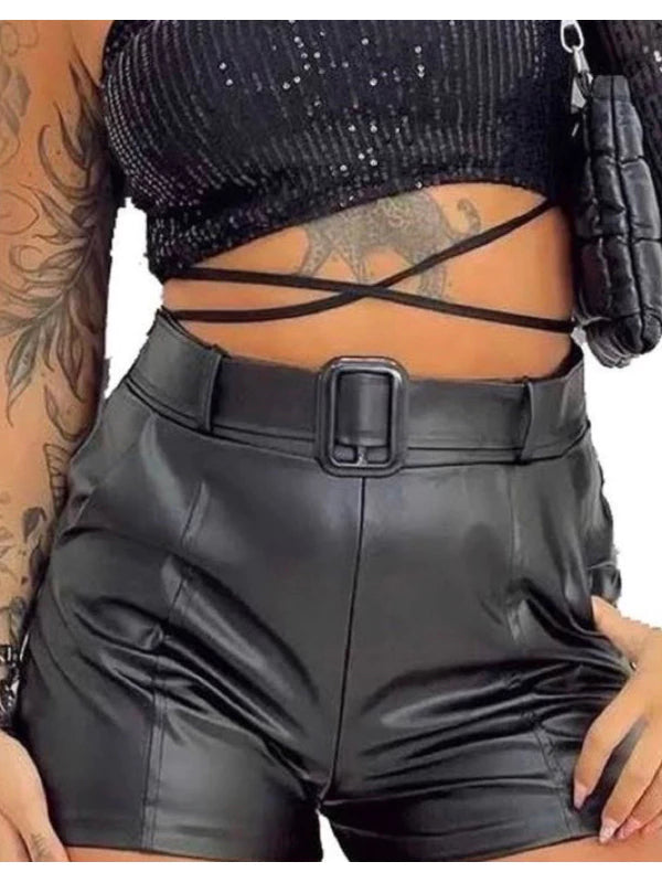 Shorts Feminino De Couro Fake Tecido Cirre Short Preto De Fivela