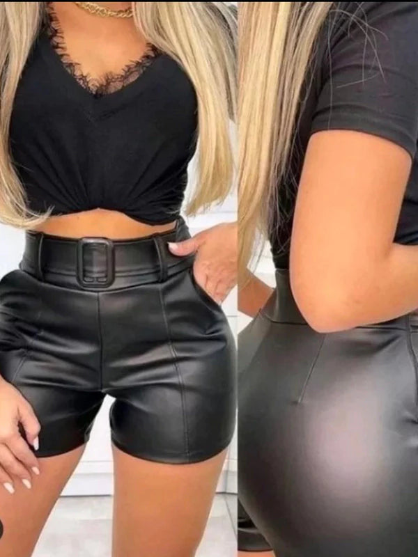 Shorts Feminino De Couro Fake Tecido Cirre Short Preto De Fivela