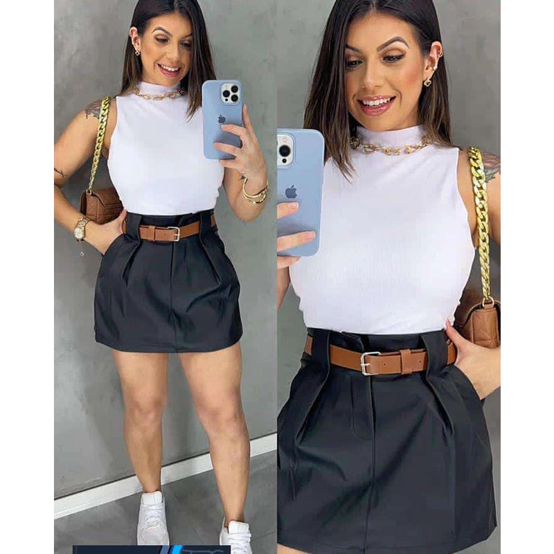 Conjunto Feminino 3 Peças Short Saia + Cinto + Cropped Modelagem Alfaiataria