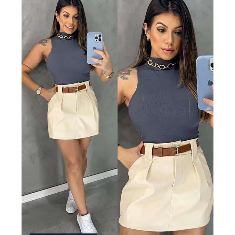 Conjunto Feminino 3 Peças Short Saia + Cinto + Cropped Modelagem Alfaiataria