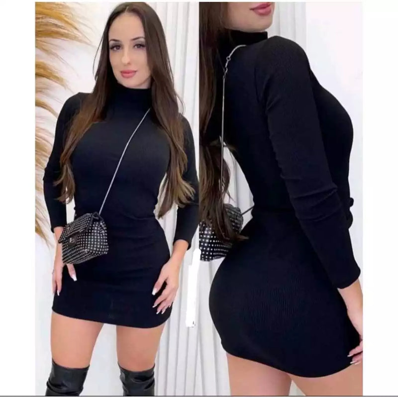 Vestido Feminino Curto Justo Mini Colado Manga Longa Gola Alta Blogueira