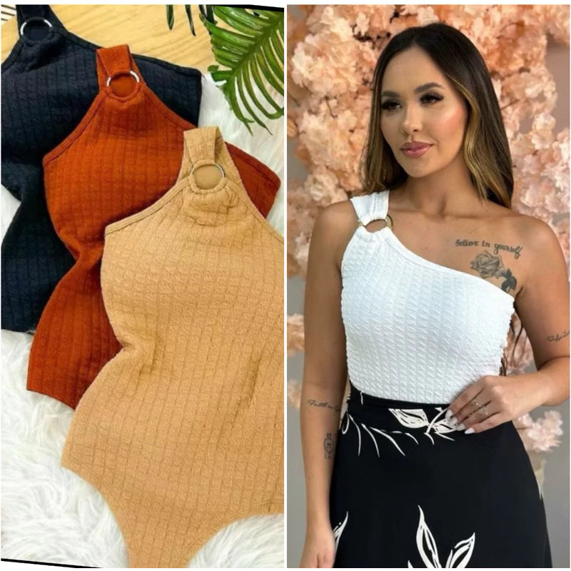 Body Feminino Alça Mula Manca com Bojo e Detalhe Argola - Moda Verão