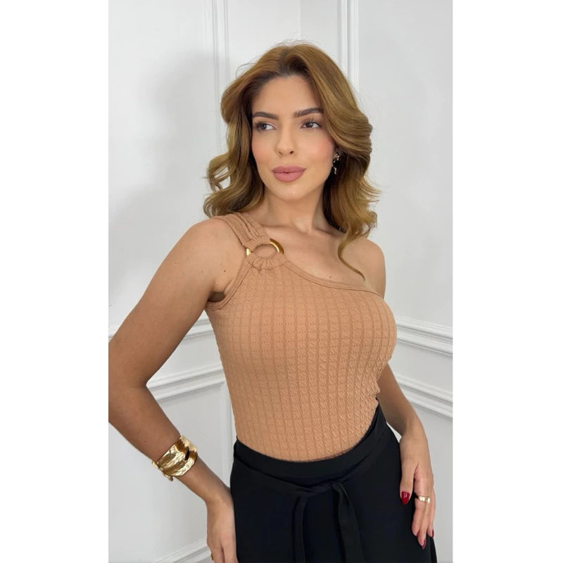 Body Feminino Alça Mula Manca com Bojo e Detalhe Argola - Moda Verão