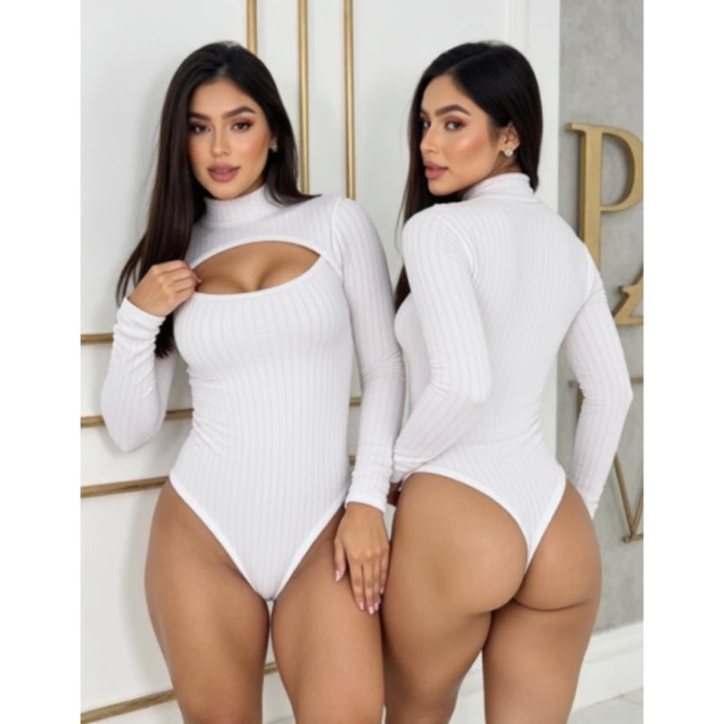 Body Feminino Manga Longa Bubble Gola Alta Com Decote Outono Inverno